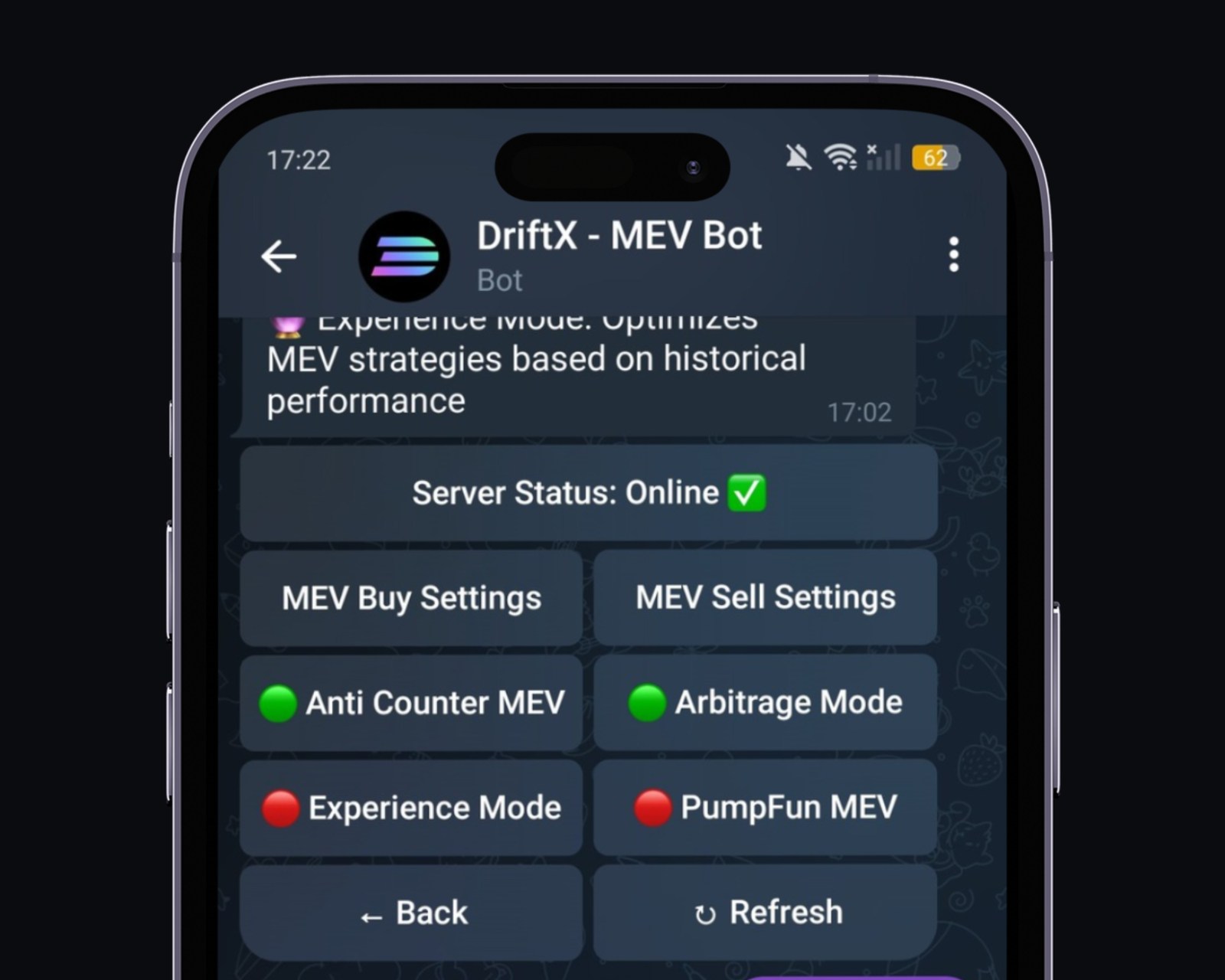 Select MEV Strategy for DriftX. Choose from various MEV strategies on Solana, optimizing trades with the Solana bot to outperform competitors like Jito. DriftX is the fastest mevbot currently available.